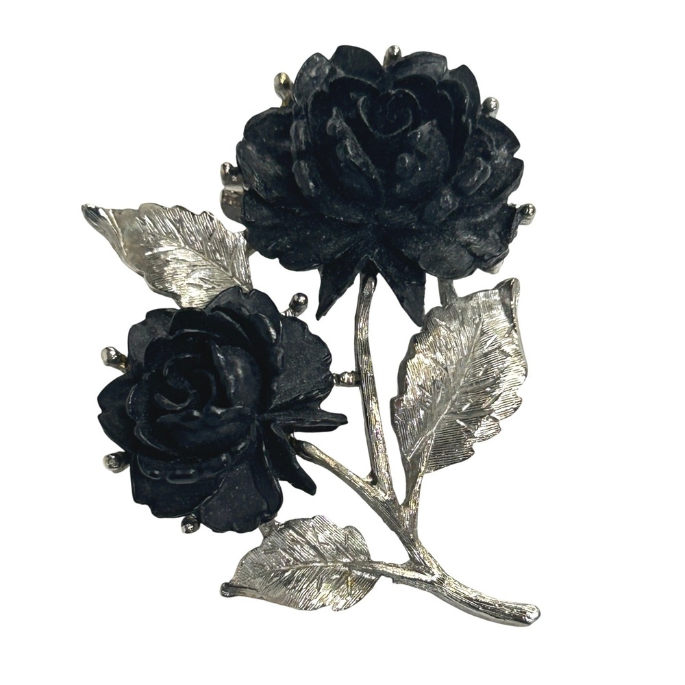 Gothic Black Rose Double Flower‎ Brooch Pin OS Silver Black Dark Romantic Grunge